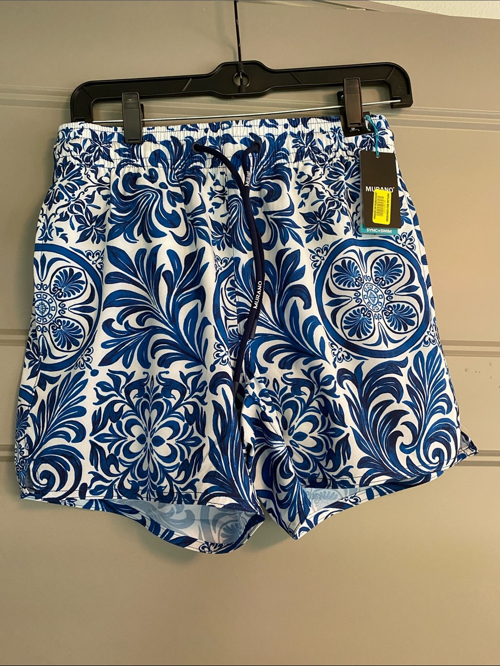 Murano White and Blue Tile-Print Drawstring Men’s Sync+Swim Trunks